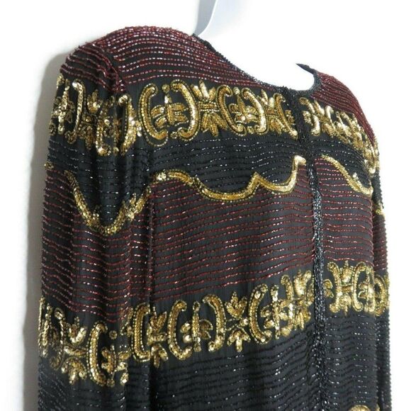 Lawrence Kazar Vintage Beaded Sequined Black Gold Red Silk Blazer Jacket Size M - Picture 4 of 10